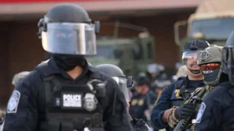 LAPD and National Guard Secure Federal Building as Protesters Demonstrate in LA Stock Footage 311091218