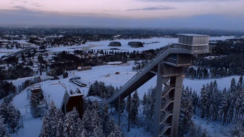 Lapland Ski Resort at Twilight Flyover Stock Footage 129707976