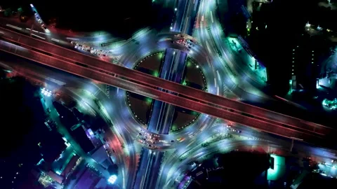 Lapse Hyperlapse aerial in motion drone shot of traffic intersection at night. Stock-Footage 219550975