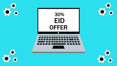 Laptop with 30% EID offer on screen cyan color background. Stock Illustration