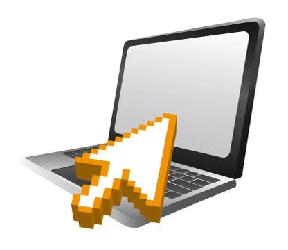Laptop with 3d cursor hand pointing isolated. vector Stock Illustration