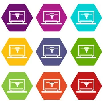 Laptop with 3D design icon set color hexahedron Stock Illustration