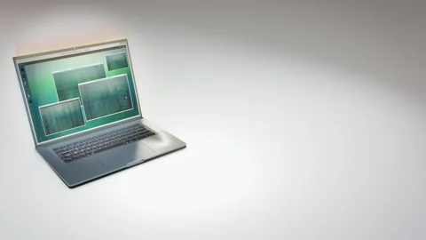 Laptop 3D render on white surface with running programs, business work Stock Footage 247051996