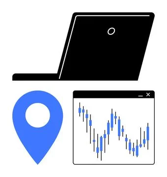 Laptop above blue map marker and stock market chart with candlestick graph. I Ilustração Stock