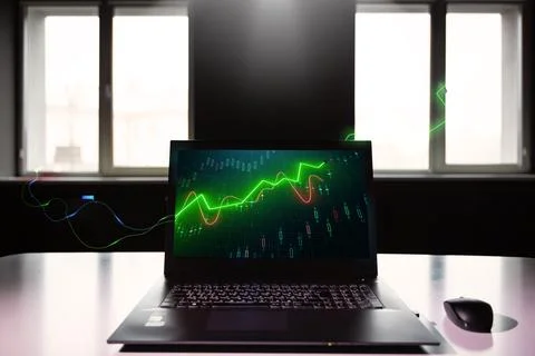 Laptop with abstract forex chart. Digital graph rising and falling, device Stock Photos