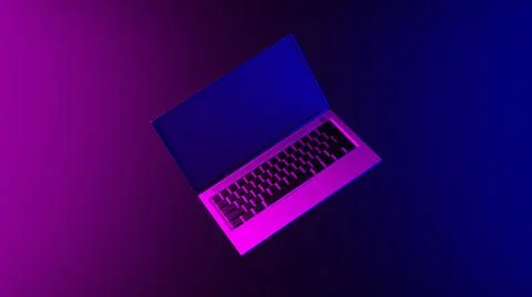 Laptop on an abstract light effect purple and blue wallpaper 3D render Stock Illustration