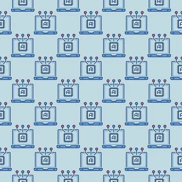 Laptop with AI Chip vector Artificial Intelligence colored seamless pattern Stock Illustration