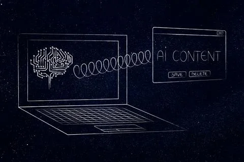 Laptop with AI content pop-up message and microchip brain on screen, artifi.. Illustrazione stock