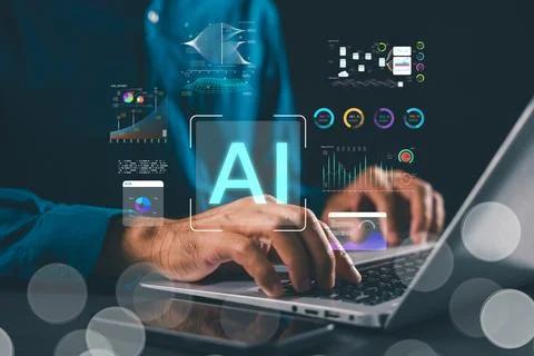 Laptop ai data visualization, intelligence development, neural machine lear.. Stock Photos