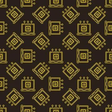 Laptop with AI vector Artificial Intelligence linear seamless pattern Stock Illustration