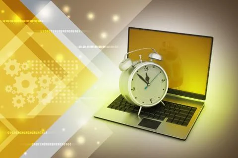 Laptop with alarm clock Stock Illustration