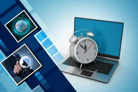 Laptop with alarm clock Stock Illustration