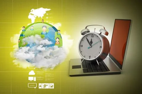 Laptop with alarm clock Stock Illustration