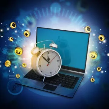 Laptop with alarm clock Stock Illustration