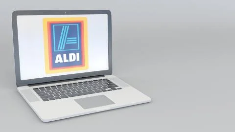 Laptop with Aldi logo. Computer technology conceptual editorial 3D rendering Stock-Illustration