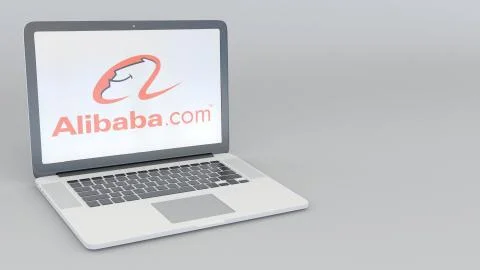 Laptop with Alibaba.com logo. Computer technology conceptual editorial 3D Illustrazione stock