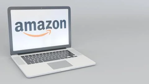 Laptop with Amazon.com logo. Computer technology conceptual editorial 3D Illustrazione stock