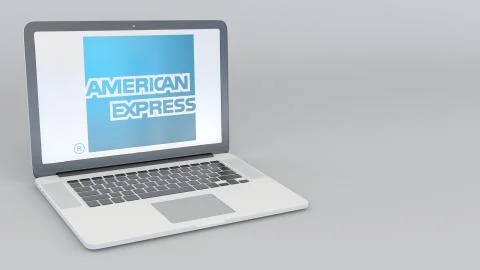 Laptop with American Express logo. Computer technology conceptual editorial 3D 스톡 일러스트