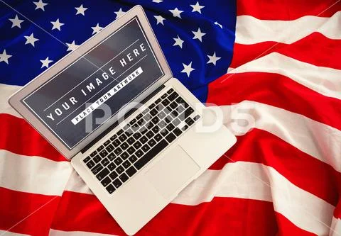 Laptop on American flag template PSD Template