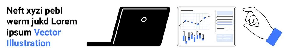 Laptop with analytic data charts on screen, hand gesture interacting with dis Illustrazione stock