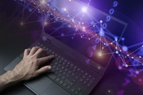 Laptop with analytical data. Created with generative Ai technology. Foto stock