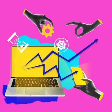 Laptop with analytics chart, hand with phone, gear icon, clock, and digital Foto stock