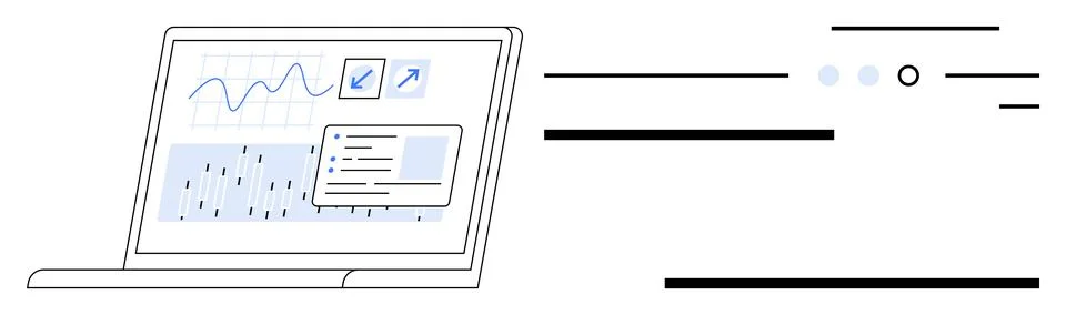 Laptop with analytics graphs, scatter plots, and zoom function icons. Interfa 스톡 일러스트