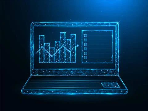  Laptop and analytical data low poly art. Notebook and data analytics grap... Stock Photos