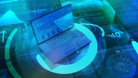 A laptop and an array of big data in digital space. Stock Illustration