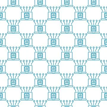 Laptop and Artificial Intelligence AI vector seamless pattern in outline styl Stock Illustration