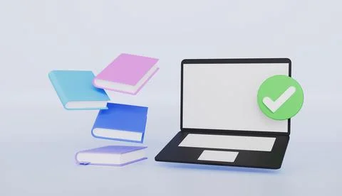 Laptop and books floating with correct mark online education concept Stock Illustration