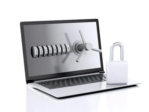 Laptop and combination lock. data security concept. Illustrazione stock