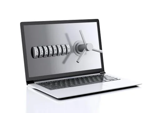 Laptop and combination lock. data security concept. Stock Illustration