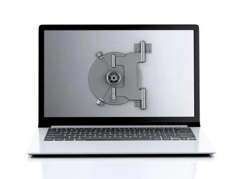 Laptop and combination lock. data security concept. Illustrazione stock