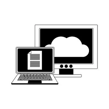 Laptop and computer with cloud computing in black and white Illustrazione stock