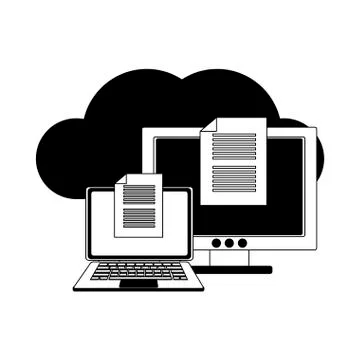 Laptop and computer with cloud computing in black and white イラスト素材