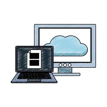 Laptop and computer with cloud computing scribble 스톡 일러스트