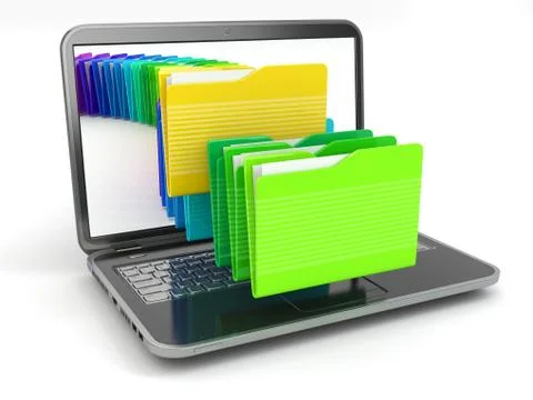 Laptop and computer files  in  folders. Illustrazione stock