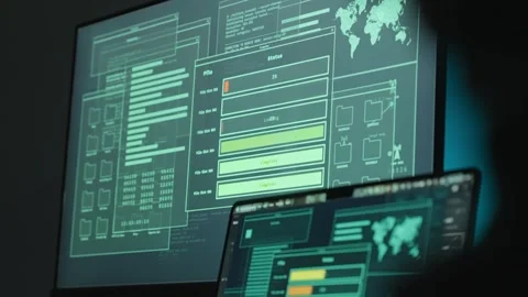 Laptop and computer screen uploading data and files to remote server by hacker Stock Footage 339889600