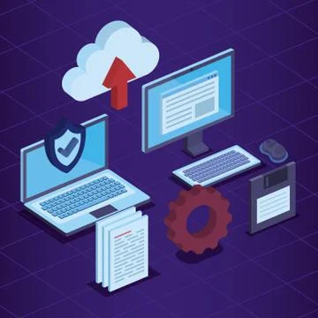 Laptop and computer with shield security document to cloud data upload Illustrazione stock