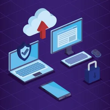 Laptop and computer with smartphone technology and cloud data upload Illustrazione stock