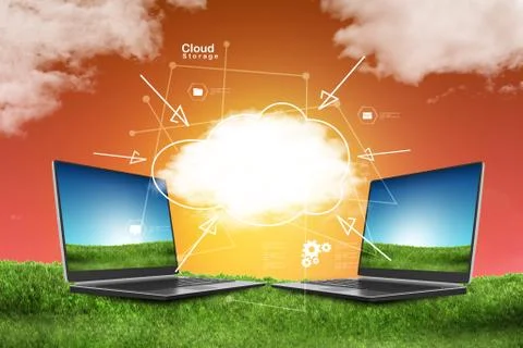 Laptop and concept of cloud computing. Stock Illustration