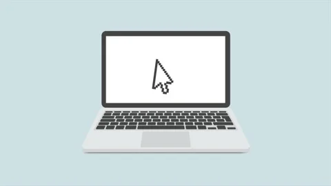 Laptop and cursor icon isolated on blue background. Computer notebook with empty Stock Footage 152692713