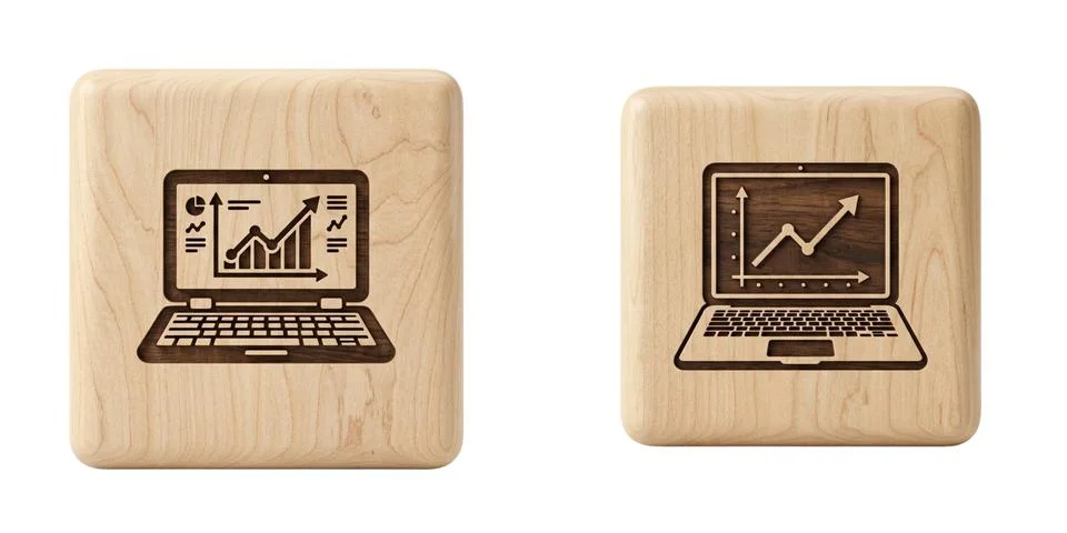 Laptop and data analysis report icons engraved on square wooden blocks for .. 写真素材