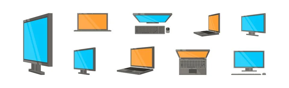 Laptop and Desktop Computer Device with Blue and Orange Screen Vector Set Stock Illustration