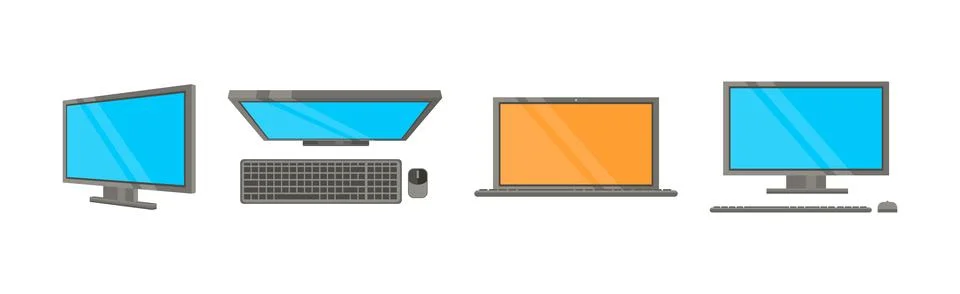 Laptop and Desktop Computer Device with Blue and Orange Screen Vector Set Stock Illustration