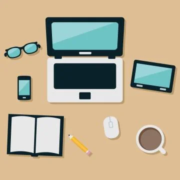 Laptop and equipments on the table Stock Illustration
