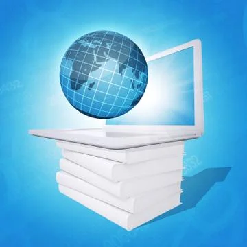 Laptop and globe on white stack of books Illustrazione stock