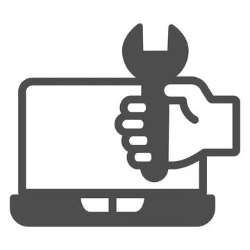 Laptop and hand with wrench solid icon, pcrepair concept, laptop wrench vector Stock Illustration