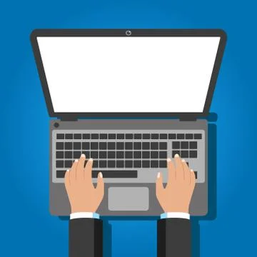 Laptop and hands on the keyboard. Vector illustration. Stock Illustration
